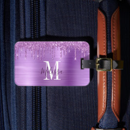 Monogrammed Paars Glitter Drip Metal Bagagelabel