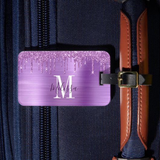 Monogrammed Paars Glitter Drip Metal Bagagelabel (Voorkant Insitu 4)