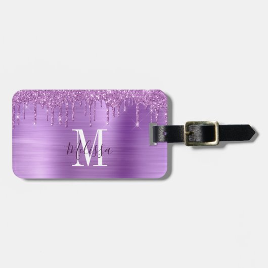 Monogrammed Paars Glitter Drip Metal Bagagelabel (Voorkant horizontaal)