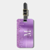 Monogrammed Paars Glitter Drip Metal Bagagelabel (Voorkant verticaal)