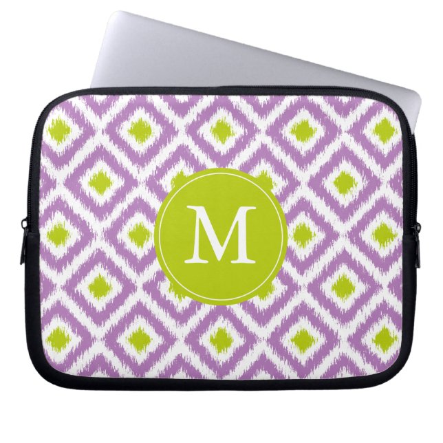 Monogrammed Paars Green Diamond Ikat Pattern Laptop Sleeve (Voorkant)