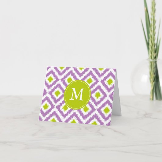 Monogrammed Paars Green Diamonds Ikat Pattern Notitiekaartje (Voorkant)