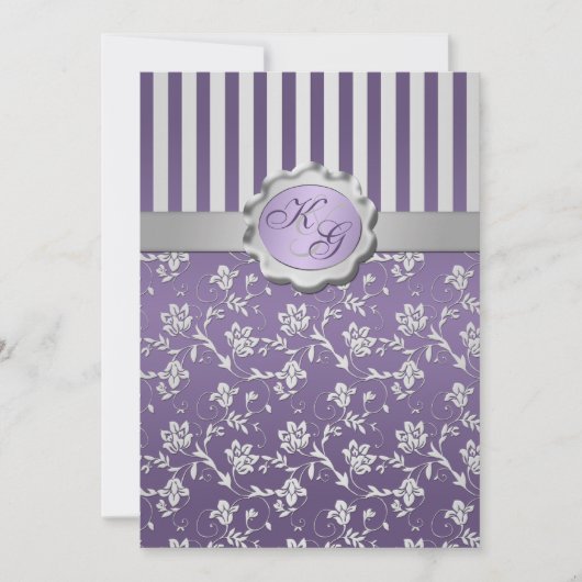 Monogrammed Paars, grijze Floral Striped Invitatio Kaart (Voorkant)
