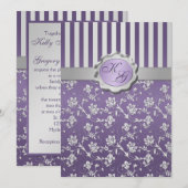 Monogrammed Paars, grijze Floral Striped Invitatio Kaart (Voorkant / Achterkant)