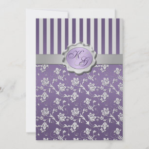 Monogrammed Paars, grijze Floral Striped Invitatio Kaart