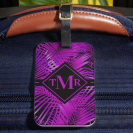 Monogrammed Paars Palm Tropical Bagagelabel