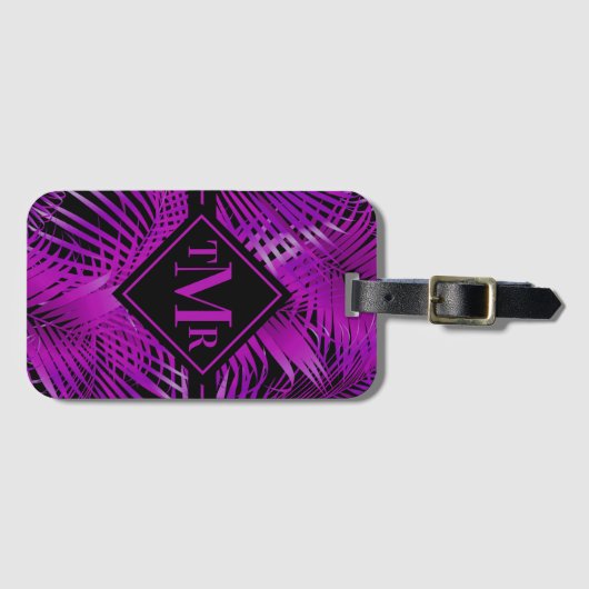 Monogrammed Paars Palm Tropical Bagagelabel (Voorkant (horizontaal))