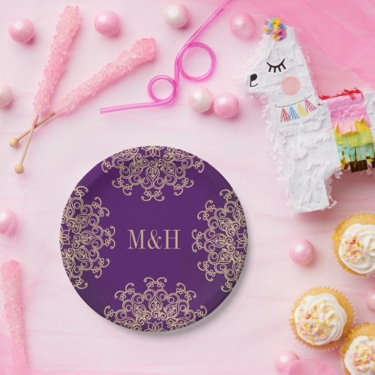 Monogrammed Paarse en gouden Indiase stijl bruilof Papieren Bordje (Feest)