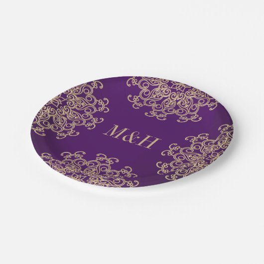 Monogrammed Paarse en gouden Indiase stijl bruilof Papieren Bordje (Gekanteld)