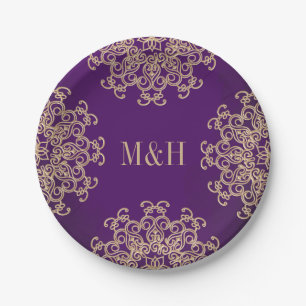 Monogrammed Paarse en gouden Indische bruiloft Papieren Bordje