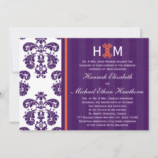 Monogrammed Paarse en Oranje Damask Wedding Kaart (Voorkant)