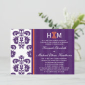 Monogrammed Paarse en Oranje Damask Wedding Kaart (Staand voorkant)