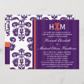 Monogrammed Paarse en Oranje Damask Wedding Kaart (Voorkant / Achterkant)
