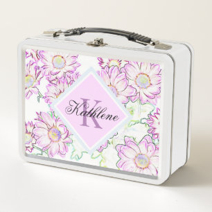 Monogrammed Paarse Floral  Metal Lunch Box