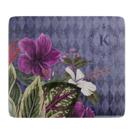 Monogrammed Paarse Floral Snijplank (Voorkant)