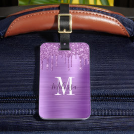 Monogrammed Paarse glitter Drip Brushed Metal Bagagelabel
