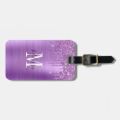 Monogrammed Paarse glitter Drip Brushed Metal Bagagelabel (Voorkant horizontaal)