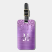 Monogrammed Paarse glitter Drip Brushed Metal Bagagelabel (Voorkant verticaal)