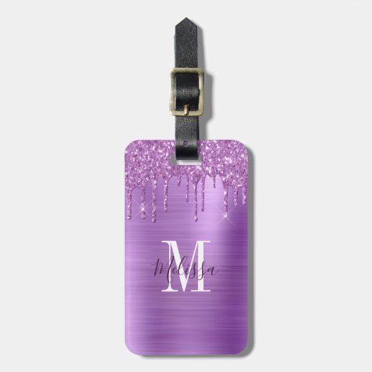 Monogrammed Paarse glitter Drip Brushed Metal Bagagelabel (Voorkant verticaal)