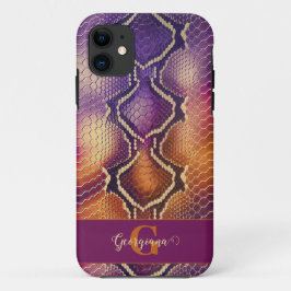 Monogrammed Paarse & Gouden Glinsterende Slangenhu Case-Mate iPhone Case