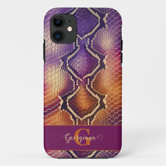 Monogrammed Paarse & Gouden Glinsterende Slangenhu Case-Mate iPhone Case (Achterkant)