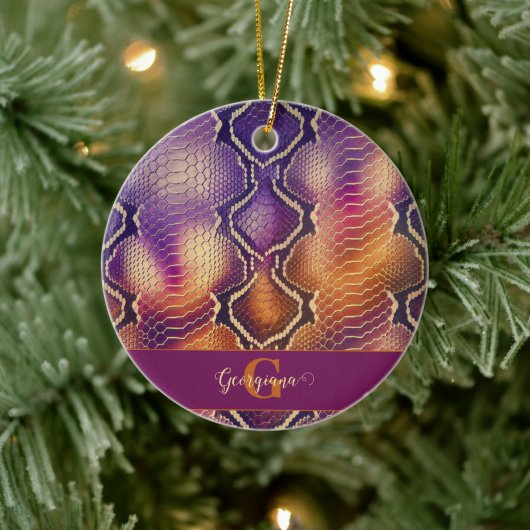 Monogrammed Paarse & Gouden Glinsterende Slangenhu Keramisch Ornament (Boom)