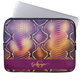 Monogrammed Paarse & Gouden Glinsterende Slangenhu Laptop Sleeve