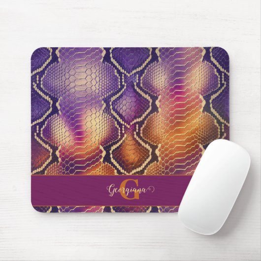 Monogrammed Paarse & Gouden Glinsterende Slangenhu Muismat (Met muis)