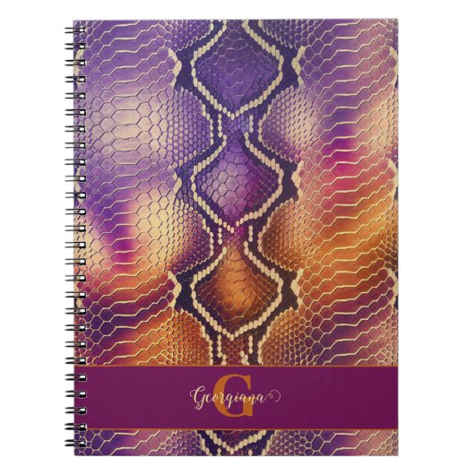 Monogrammed Paarse & Gouden Glinsterende Slangenhu Notitieboek (Voorkant)