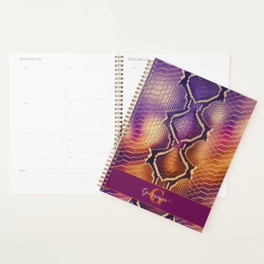 Monogrammed Paarse & Gouden Glinsterende Slangenhu Planner (Display)