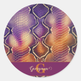 Monogrammed Paarse & Gouden Glinsterende Slangenhu Ronde Sticker