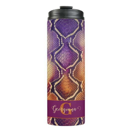 Monogrammed Paarse & Gouden Glinsterende Slangenhu Thermosbeker (Voorkant)