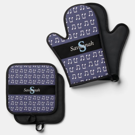 Monogrammed Paarse Musical Patterned Muzieknoten Ovenwant & Pannenlap Set (Voorkant / Achterkant)