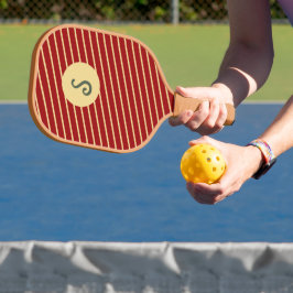 Monogrammed patroon van rode en goudstrepen pickleball paddle