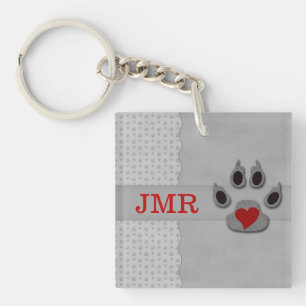 Monogrammed Paw Print en Red Heart Sleutelhanger