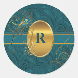 Monogrammed Peacock Blauwgroen met Gouden Ronde Ronde Sticker