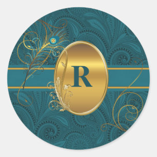 Monogrammed Peacock Blauwgroen met Gouden Ronde Ronde Sticker