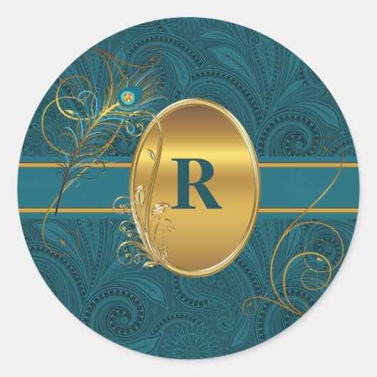 Monogrammed Peacock Blauwgroen met Gouden Ronde Ronde Sticker (Voorkant)
