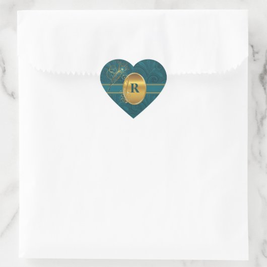Monogrammed Peacock Blauwgroen Wedding Hart Sticker (Tas)