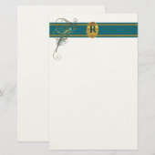 Monogrammed Peacock Wedding in Blauwgroen en goud Briefpapier (Voorkant / Achterkant)