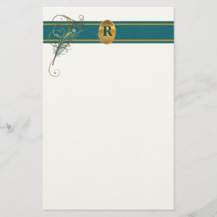 Monogrammed Peacock Wedding in Blauwgroen en goud Briefpapier