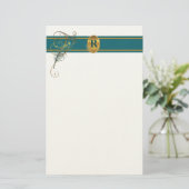 Monogrammed Peacock Wedding in Blauwgroen en goud Briefpapier (Staand voorkant)