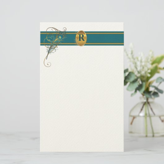 Monogrammed Peacock Wedding in Blauwgroen en goud Briefpapier (Staand voorkant)