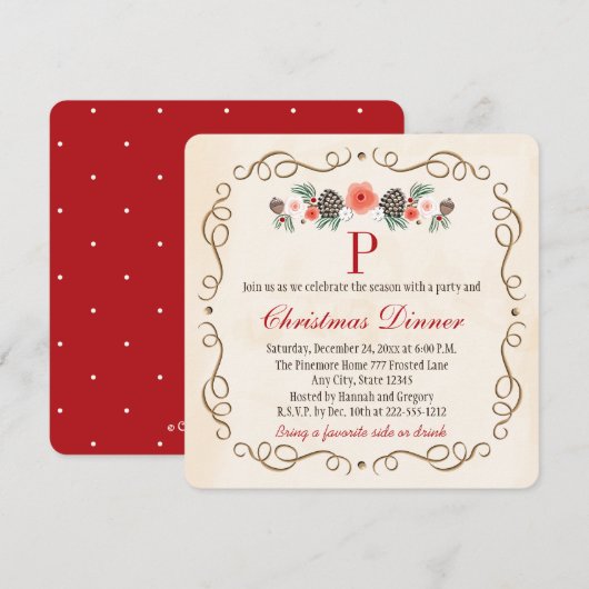 MONOGRAMMED PINECONE LAUREL CHRISTMAS DINNER PARTY KAART (Voorkant / Achterkant)