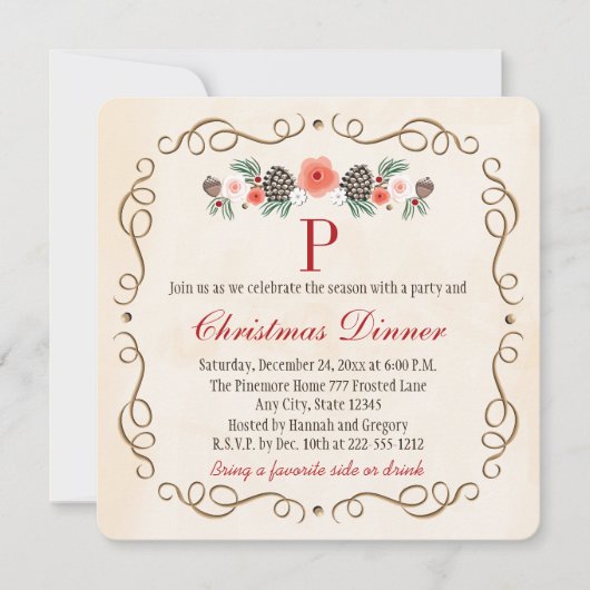 MONOGRAMMED PINECONE LAUREL CHRISTMAS DINNER PARTY KAART (Voorkant)