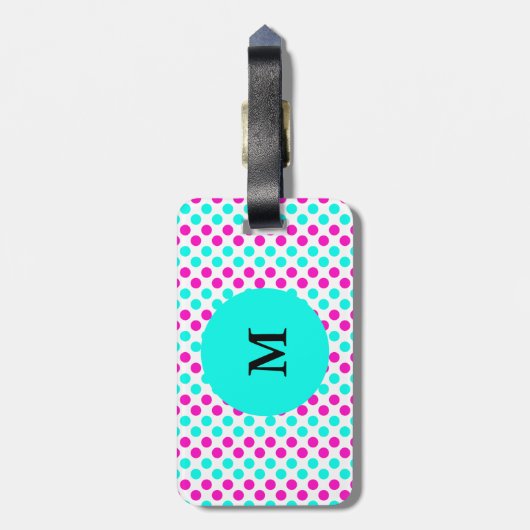 Monogrammed Pink and Blue Polka Dots Bagagelabel (Achterkant verticaal)