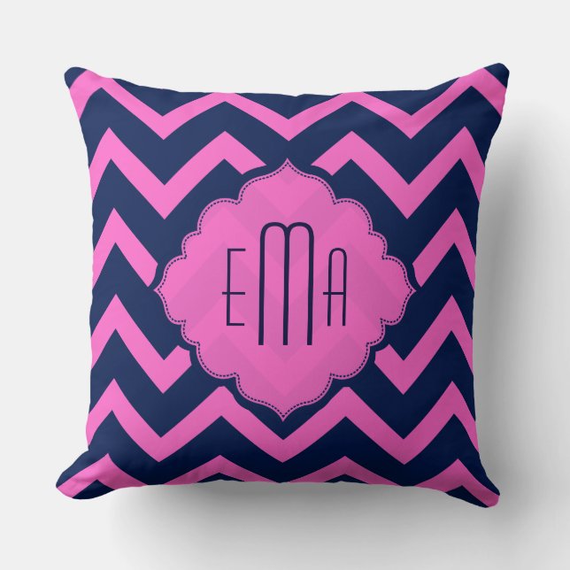 Monogrammed Pink and Blue Zigzag Chevron Kussen (Voorkant)