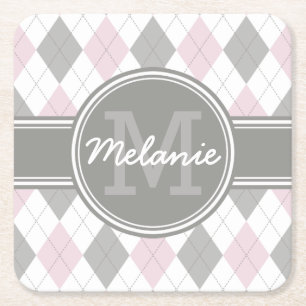 Monogrammed Pink and Grey Argyle Pattern Kartonnen Onderzetters