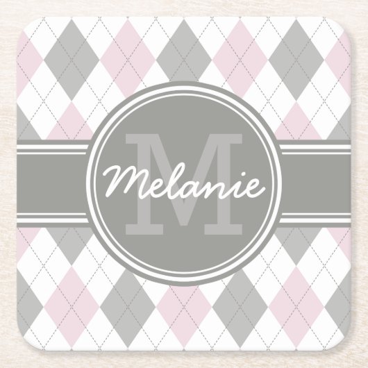 Monogrammed Pink and Grey Argyle Pattern Kartonnen Onderzetters (Voorkant)