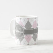 Monogrammed Pink and Grey Argyle Pattern Koffiemok (Voorkant links)